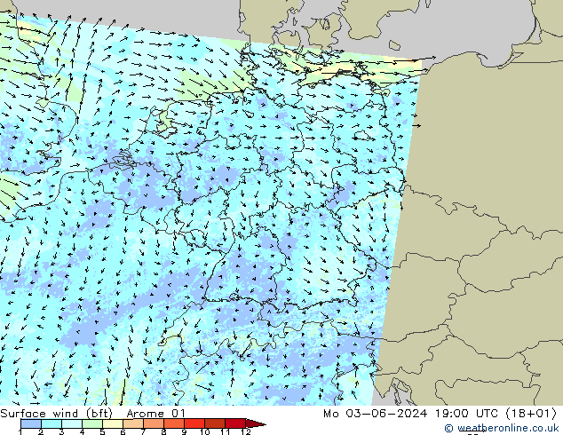 Vent 10 m (bft) Arome 01 lun 03.06.2024 19 UTC