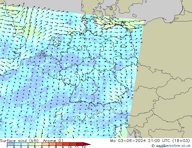 Surface wind (bft) Arome 01 Mo 03.06.2024 21 UTC