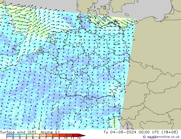 �N 10 米 (bft) Arome 01 星期二 04.06.2024 00 UTC