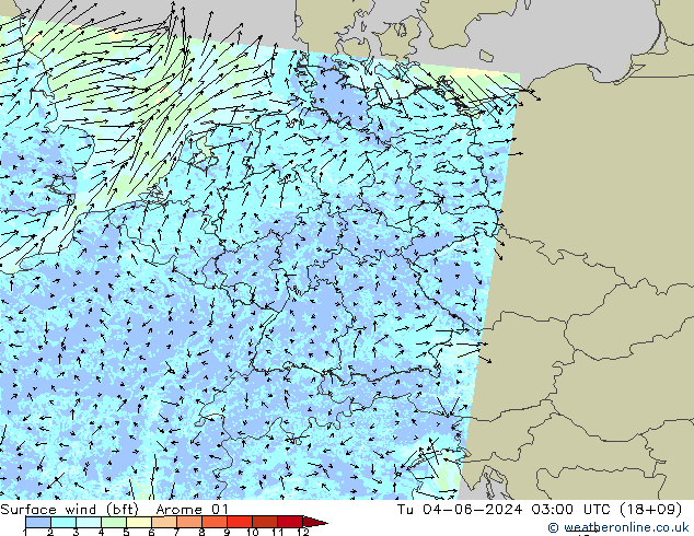 Vento 10 m (bft) Arome 01 Ter 04.06.2024 03 UTC