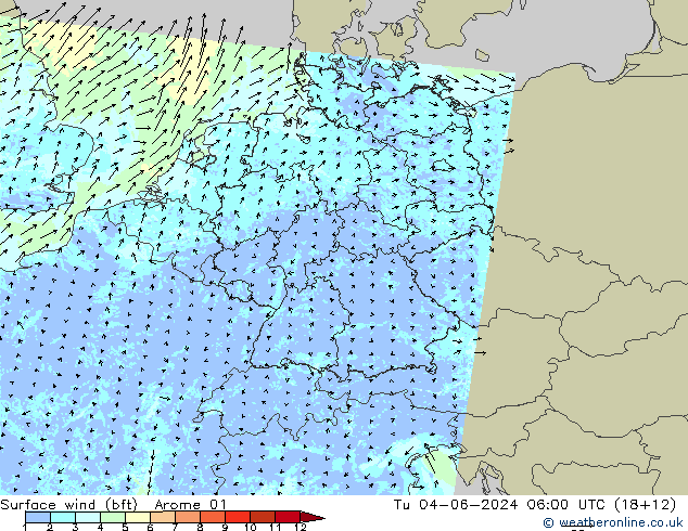 Surface wind (bft) Arome 01 Tu 04.06.2024 06 UTC