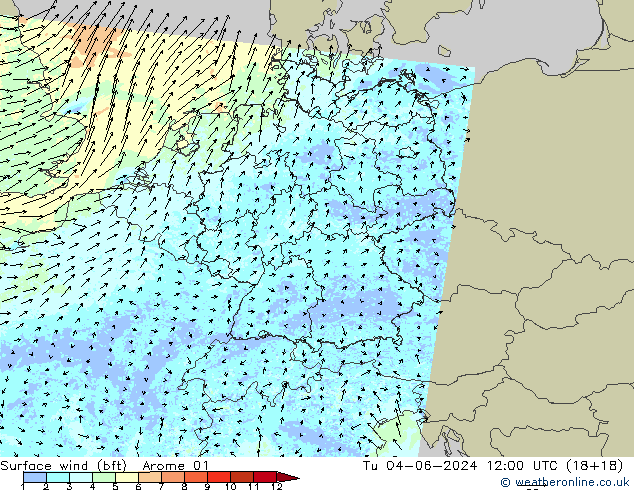 Wind 10 m (bft) Arome 01 di 04.06.2024 12 UTC