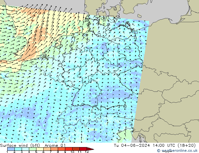 Surface wind (bft) Arome 01 Tu 04.06.2024 14 UTC