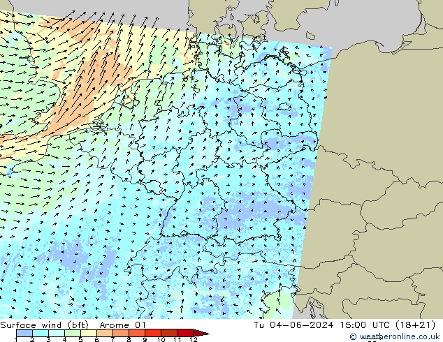 Surface wind (bft) Arome 01 Tu 04.06.2024 15 UTC