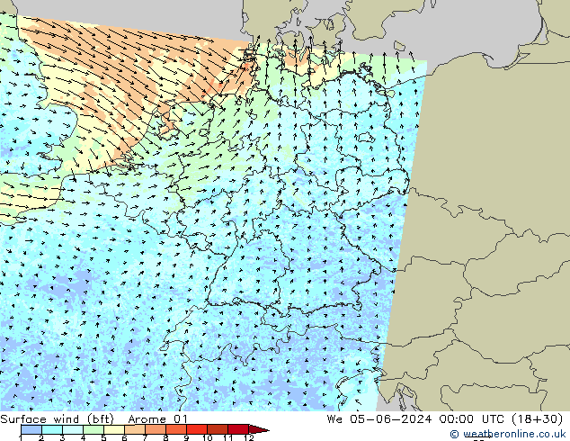 wiatr 10 m (bft) Arome 01 śro. 05.06.2024 00 UTC
