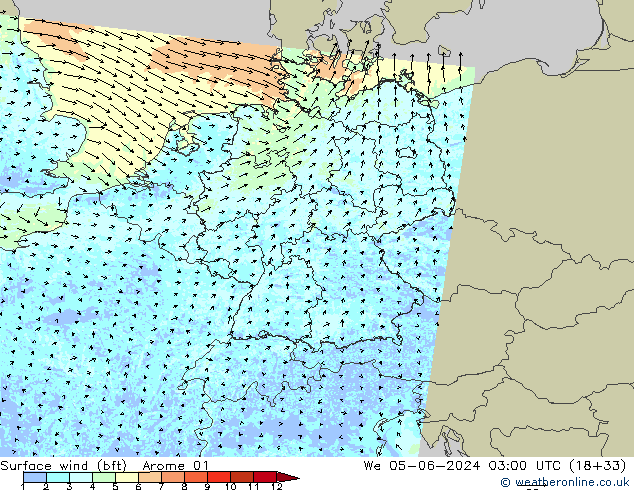 Wind 10 m (bft) Arome 01 wo 05.06.2024 03 UTC