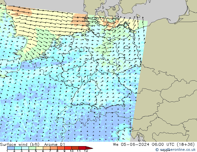 wiatr 10 m (bft) Arome 01 śro. 05.06.2024 06 UTC