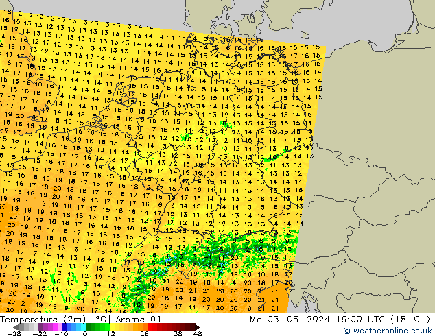 température (2m) Arome 01 lun 03.06.2024 19 UTC