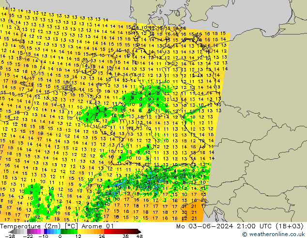 карта температуры Arome 01 пн 03.06.2024 21 UTC