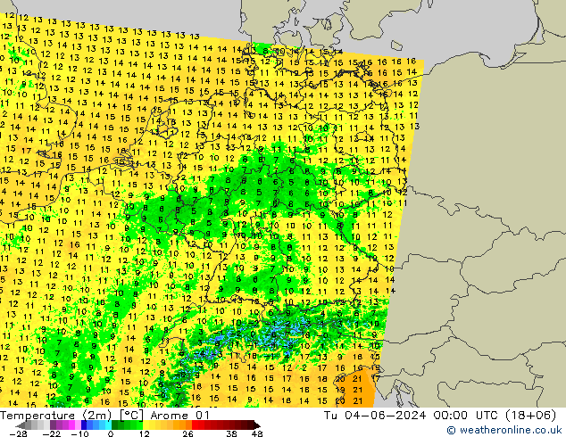 Temperatura (2m) Arome 01 Ter 04.06.2024 00 UTC