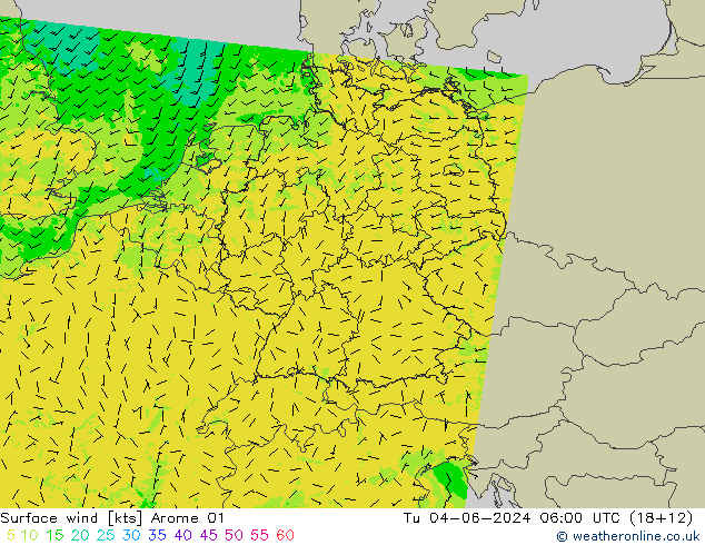 Rüzgar 10 m Arome 01 Sa 04.06.2024 06 UTC