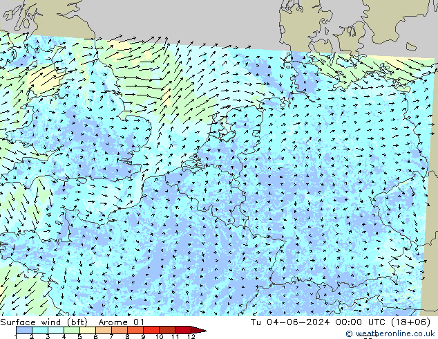 Bodenwind (bft) Arome 01 Di 04.06.2024 00 UTC