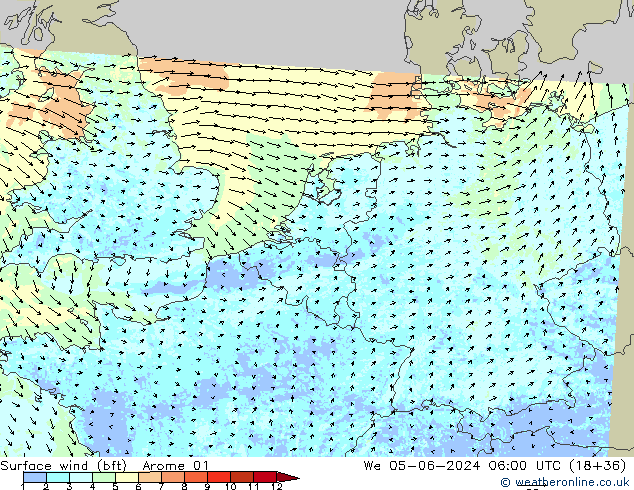 Surface wind (bft) Arome 01 We 05.06.2024 06 UTC