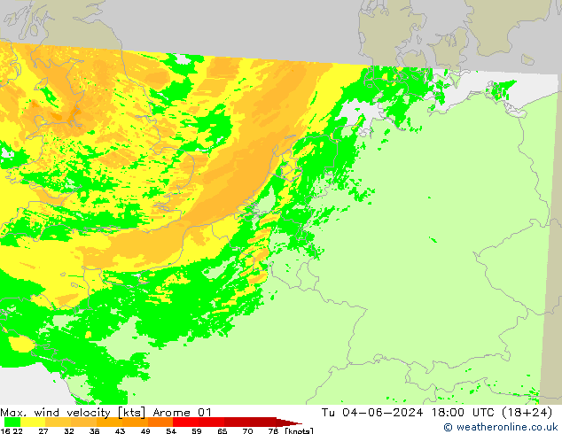 Max. wind velocity Arome 01 Út 04.06.2024 18 UTC