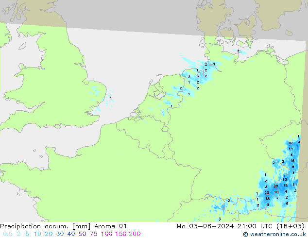 Precipitation accum. Arome 01 星期一 03.06.2024 21 UTC