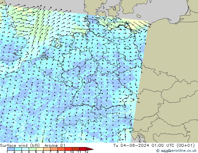 Rüzgar 10 m (bft) Arome 01 Sa 04.06.2024 01 UTC