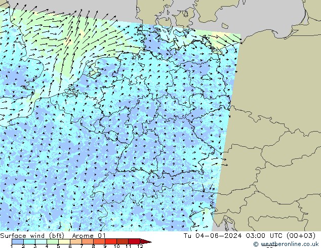 Vento 10 m (bft) Arome 01 Ter 04.06.2024 03 UTC