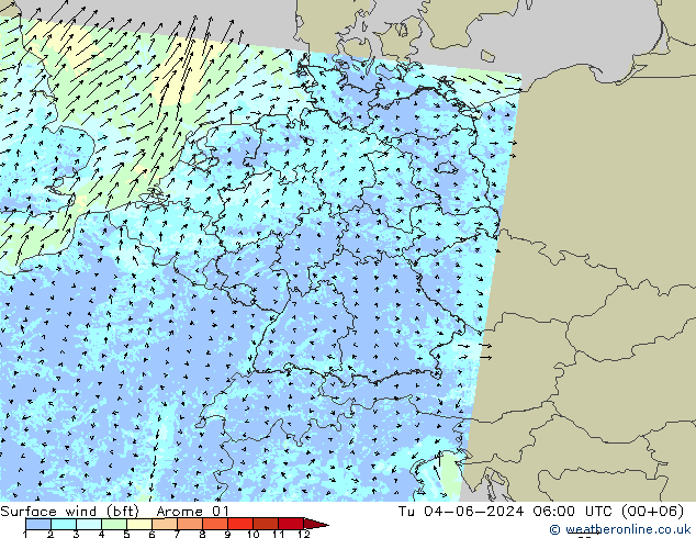 �N 10 米 (bft) Arome 01 星期二 04.06.2024 06 UTC