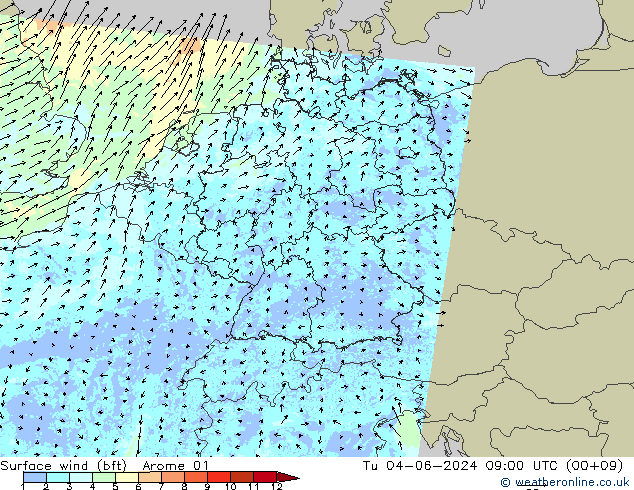 Viento 10 m (bft) Arome 01 mar 04.06.2024 09 UTC