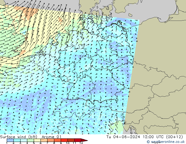 Surface wind (bft) Arome 01 Út 04.06.2024 12 UTC