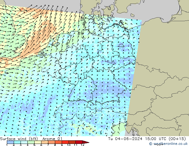 Wind 10 m (bft) Arome 01 di 04.06.2024 15 UTC