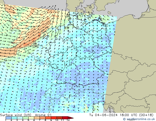 Vento 10 m (bft) Arome 01 Ter 04.06.2024 18 UTC