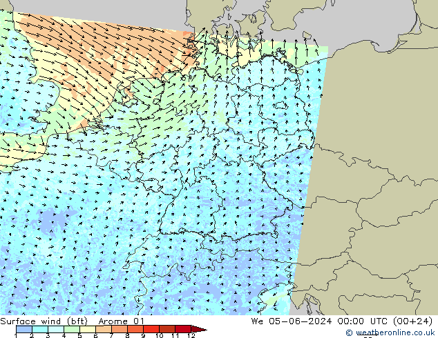 �N 10 米 (bft) Arome 01 星期三 05.06.2024 00 UTC