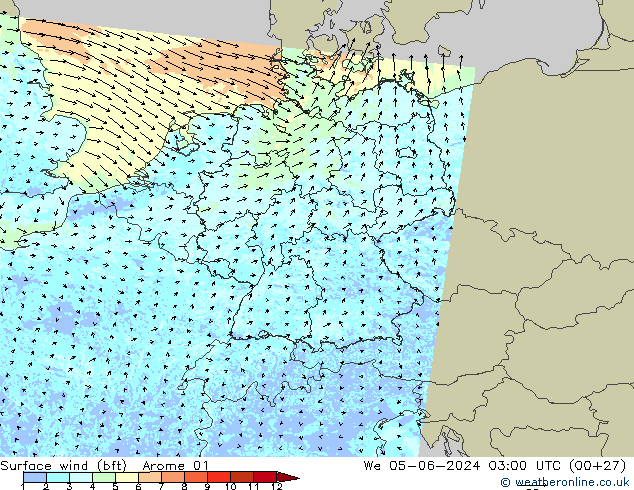 Bodenwind (bft) Arome 01 Mi 05.06.2024 03 UTC