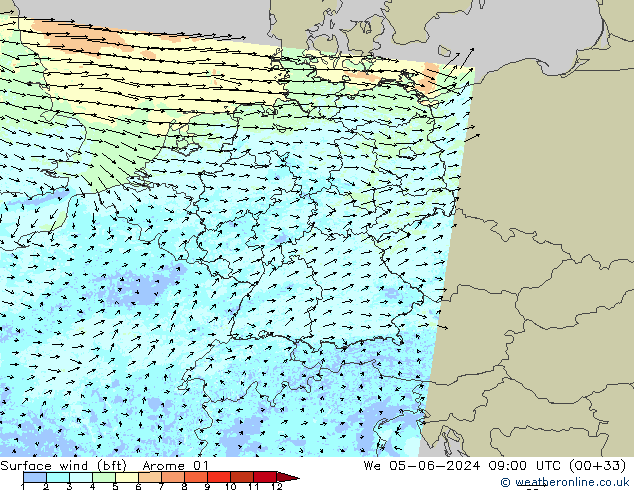 Vento 10 m (bft) Arome 01 Qua 05.06.2024 09 UTC