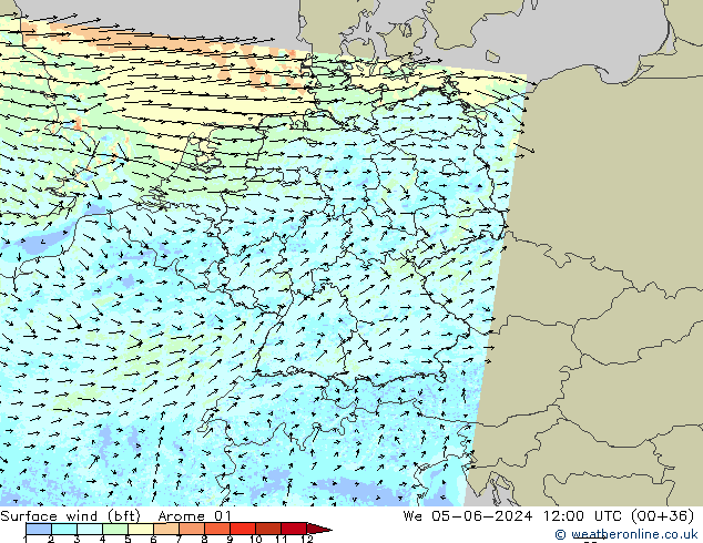 wiatr 10 m (bft) Arome 01 śro. 05.06.2024 12 UTC