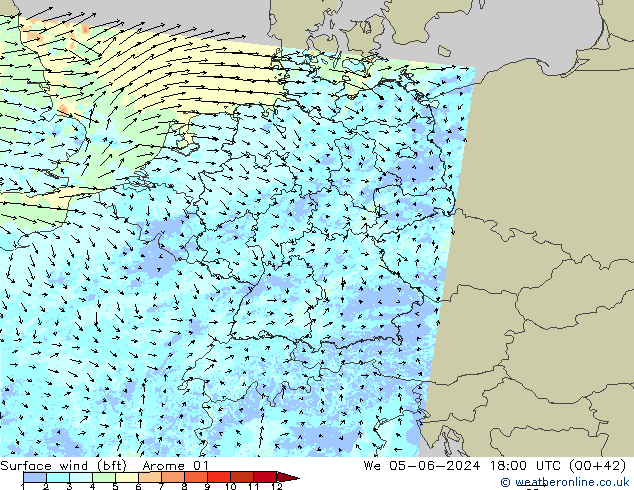 Vent 10 m (bft) Arome 01 mer 05.06.2024 18 UTC