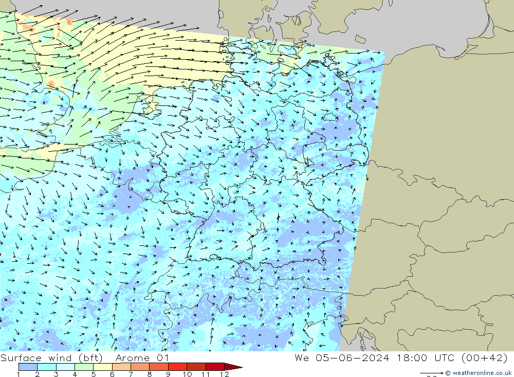 wiatr 10 m (bft) Arome 01 śro. 05.06.2024 18 UTC