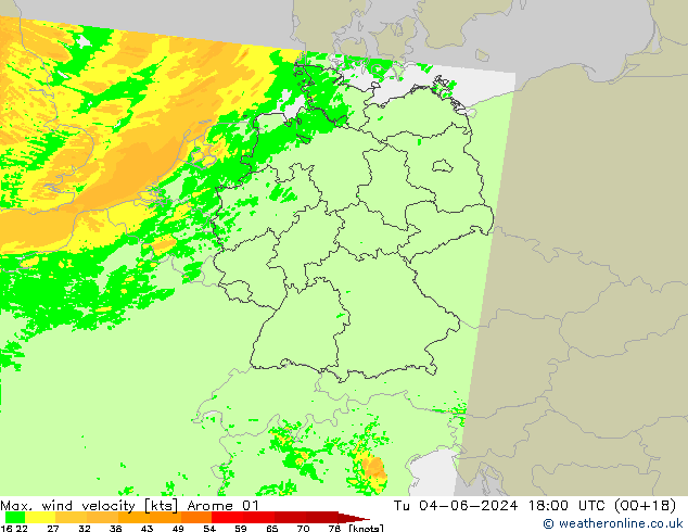 Max. wind velocity Arome 01 mar 04.06.2024 18 UTC