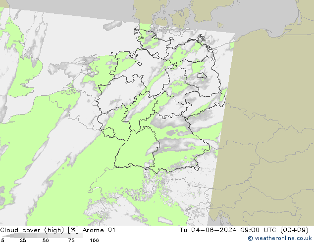 Cloud cover (high) Arome 01 Tu 04.06.2024 09 UTC