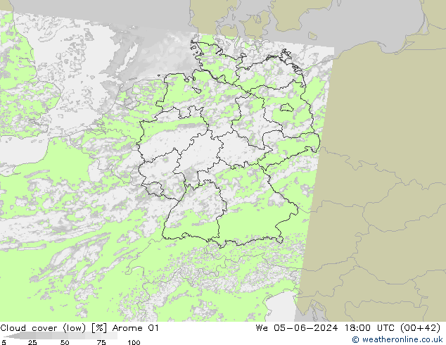 Cloud cover (low) Arome 01 We 05.06.2024 18 UTC