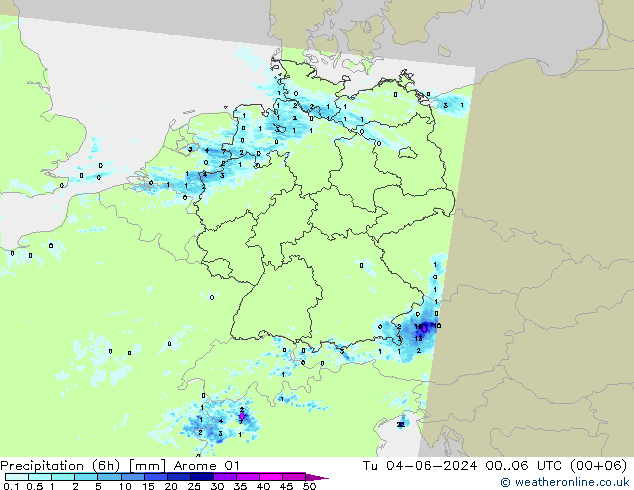 Precipitación (6h) Arome 01 mar 04.06.2024 06 UTC