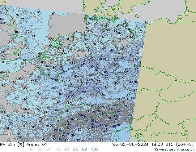 Humidité rel. 2m Arome 01 mer 05.06.2024 18 UTC