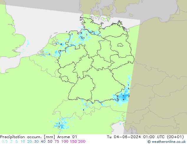 Precipitación acum. Arome 01 mar 04.06.2024 01 UTC