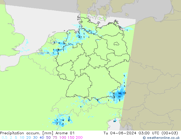 Precipitation accum. Arome 01 星期二 04.06.2024 03 UTC