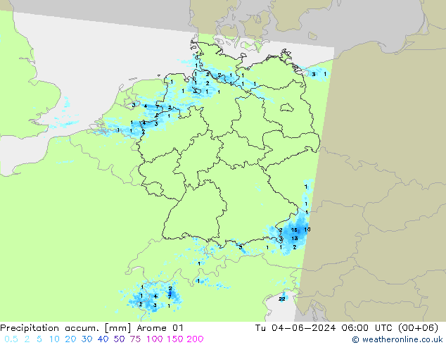 Precipitation accum. Arome 01 Tu 04.06.2024 06 UTC