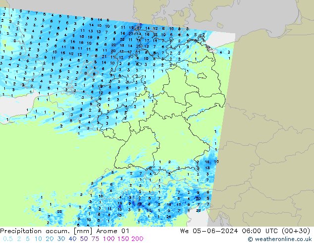 Precipitation accum. Arome 01 śro. 05.06.2024 06 UTC