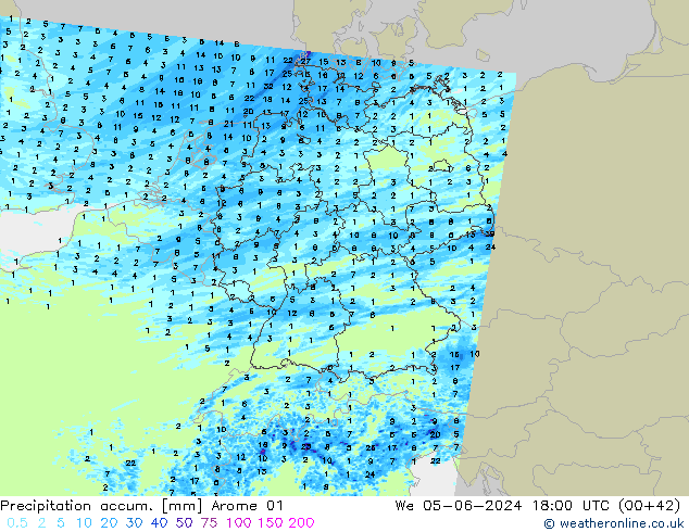 Precipitation accum. Arome 01 We 05.06.2024 18 UTC