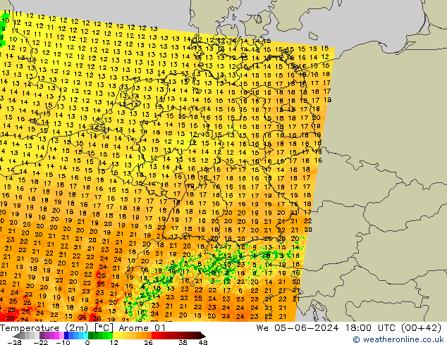 Temperatuurkaart (2m) Arome 01 wo 05.06.2024 18 UTC