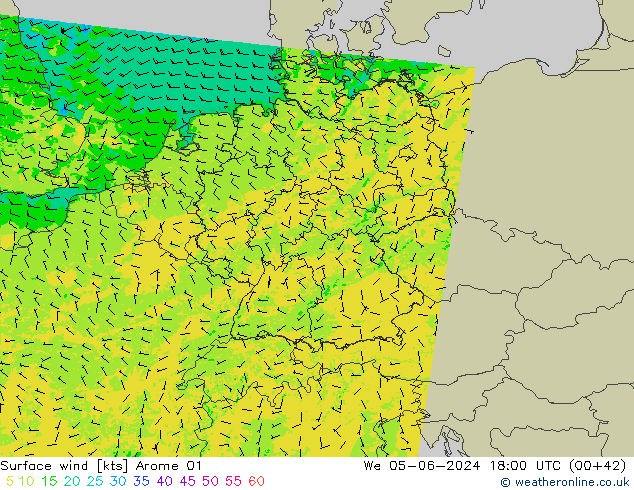 Viento 10 m Arome 01 mié 05.06.2024 18 UTC