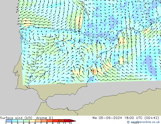 wiatr 10 m (bft) Arome 01 śro. 05.06.2024 18 UTC