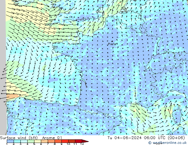 Bodenwind (bft) Arome 01 Di 04.06.2024 06 UTC