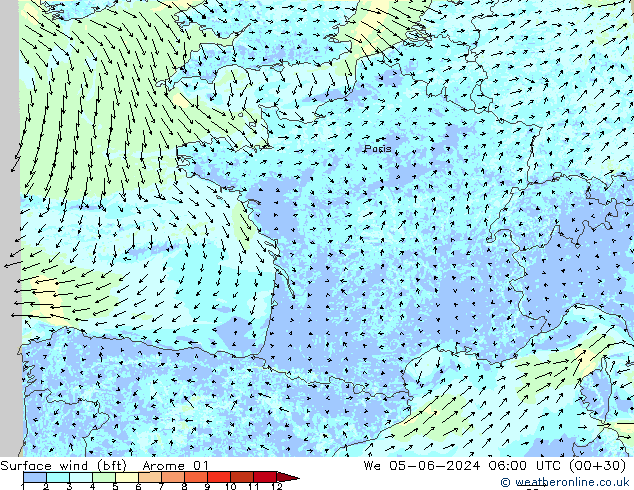 Surface wind (bft) Arome 01 We 05.06.2024 06 UTC