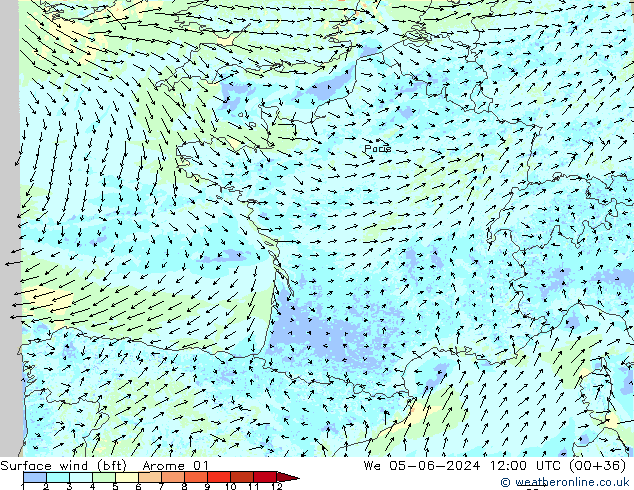 Surface wind (bft) Arome 01 St 05.06.2024 12 UTC