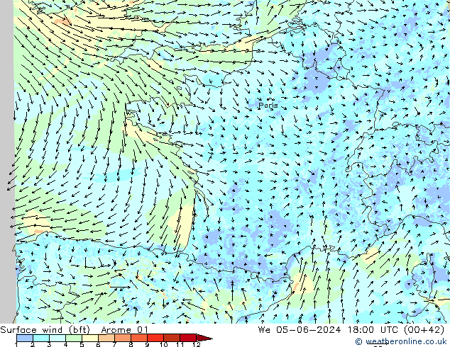 Rüzgar 10 m (bft) Arome 01 Çar 05.06.2024 18 UTC