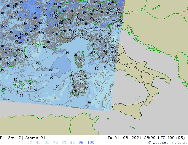 RH 2m Arome 01 mar 04.06.2024 06 UTC